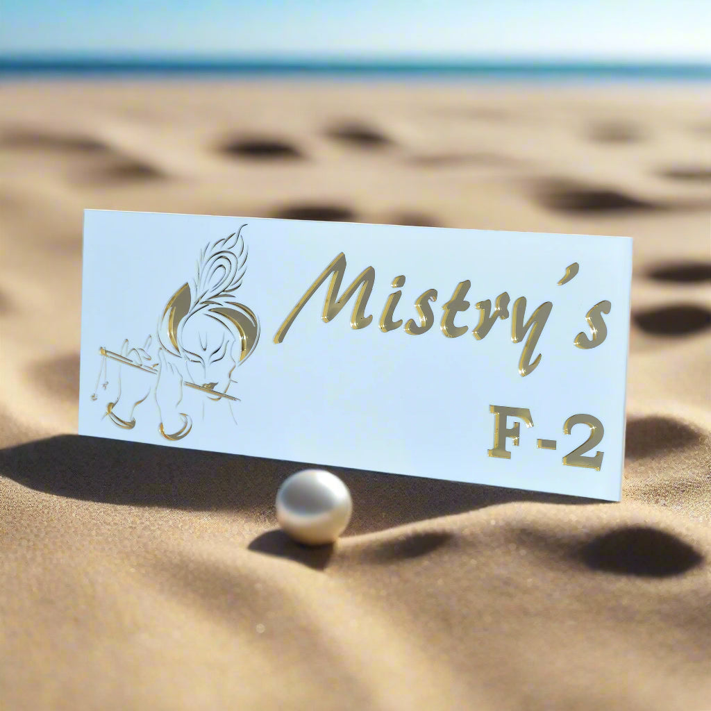 White Acrylic Mirror Gold Mistry Name Plate