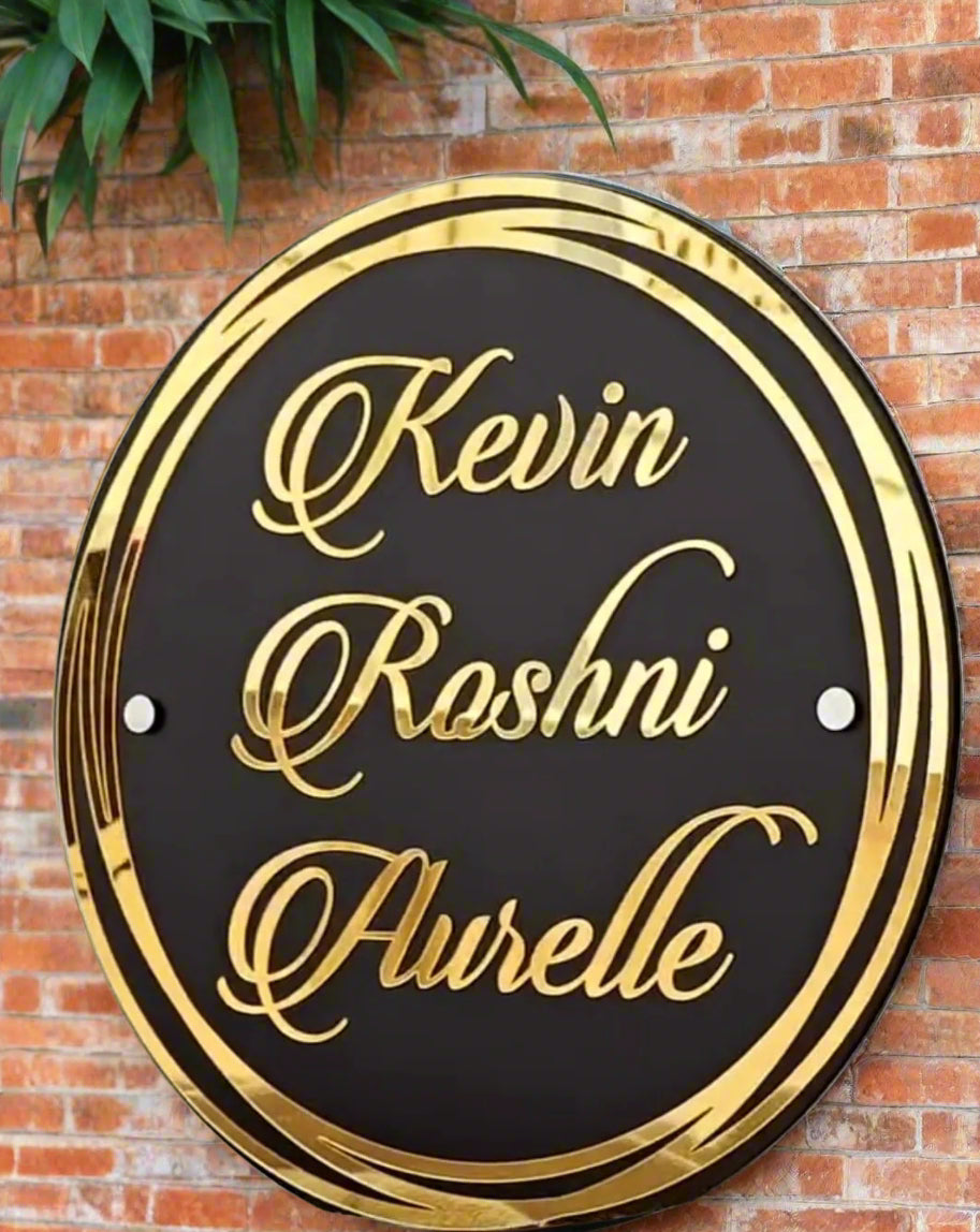 Roshani black acrylic mirror gold name plate