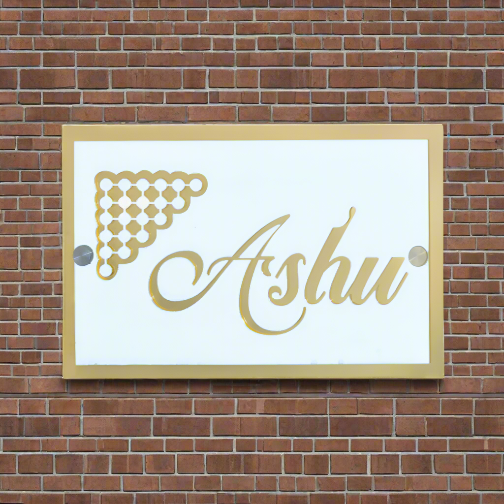 White Acrylic Mirror Gold Ashu Name Plate
