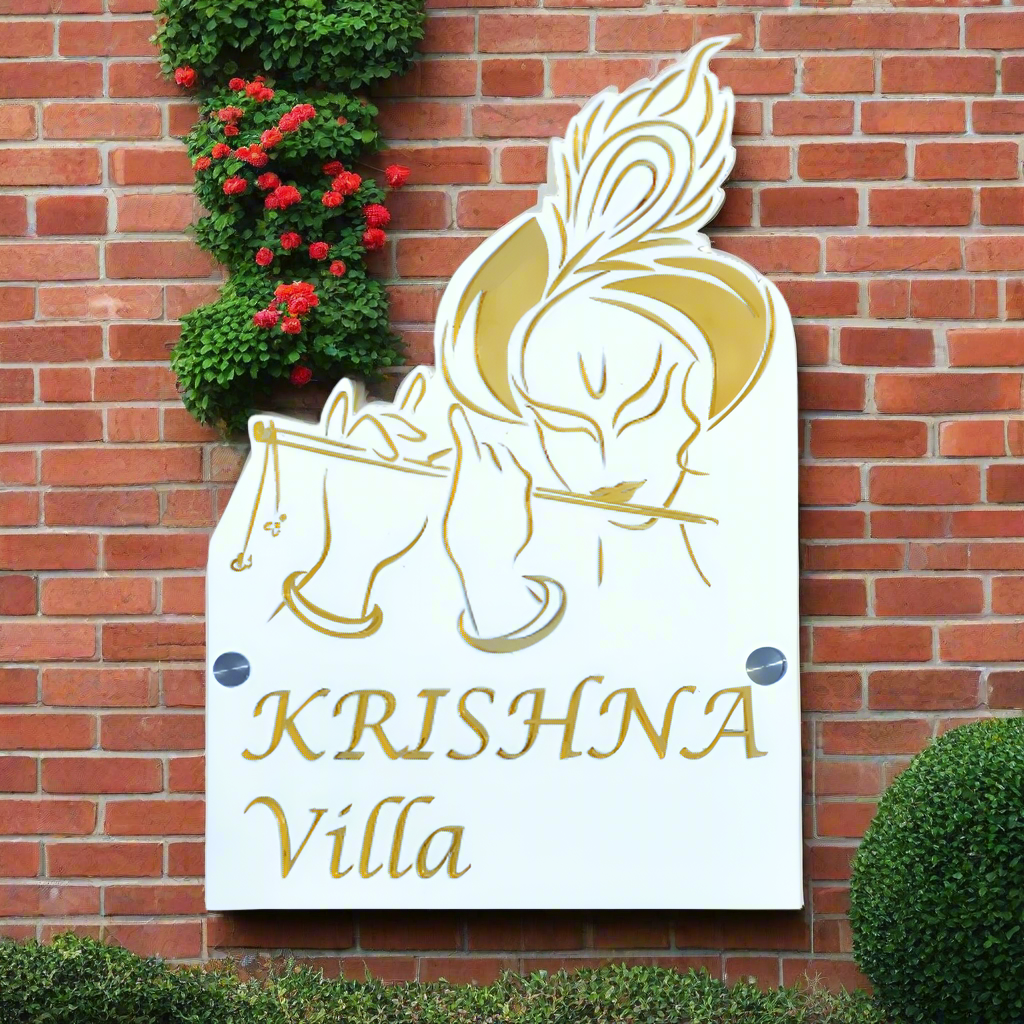 White Acrylic Mirror Gold Krishna Villa Name Plate
