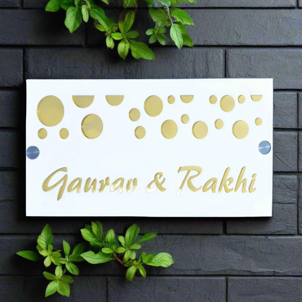White Acrylic Mirror Gold Gaurav Name Plate