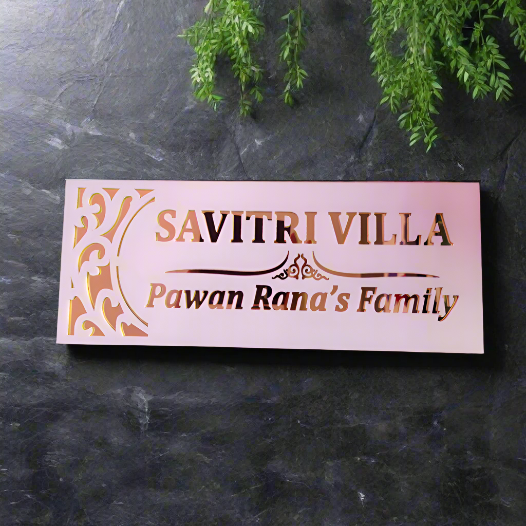 White Acrylic Mirror Gold Elegant Savitri villa Name Plate