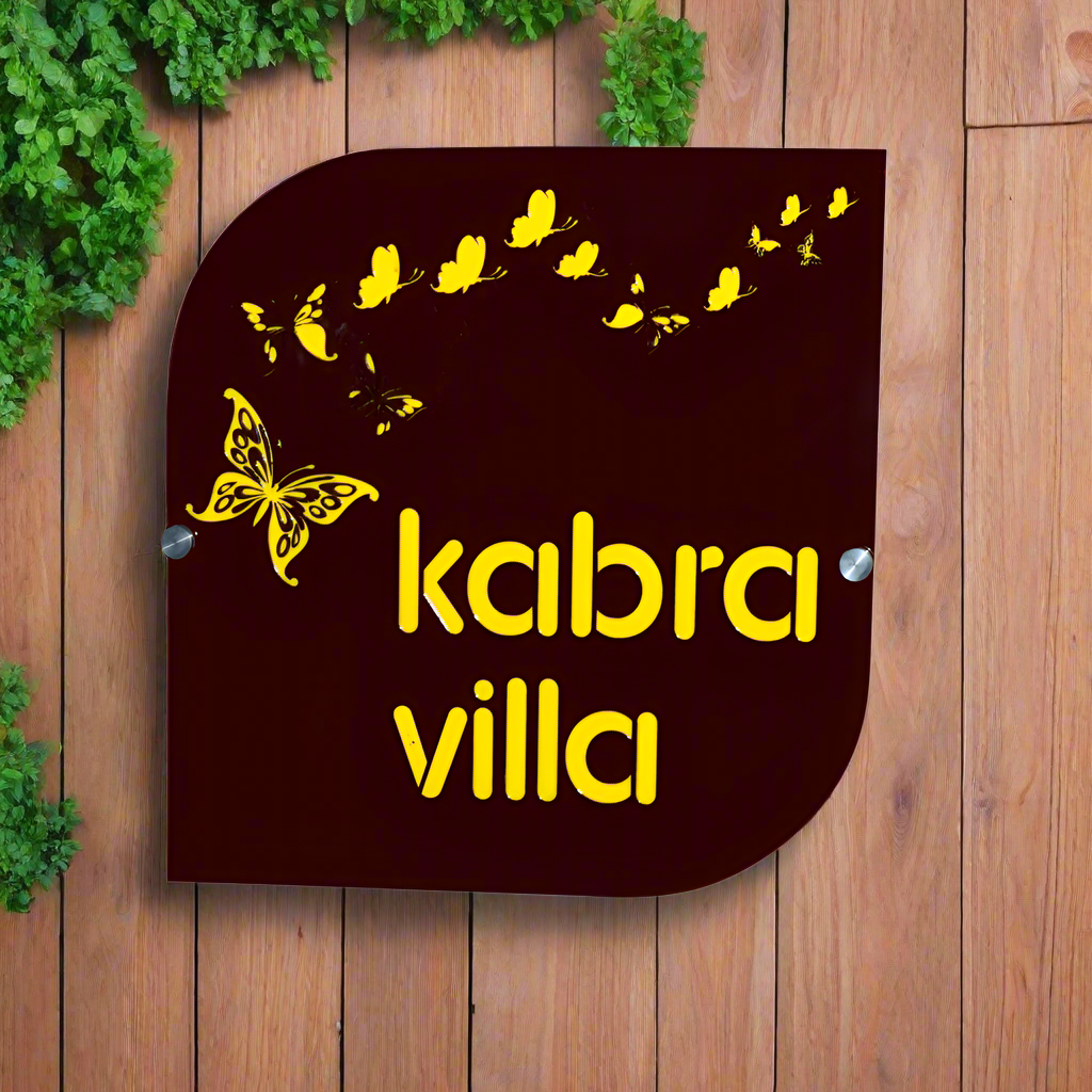 Brown and Yellow Acrylic Kabra villa Name Plate